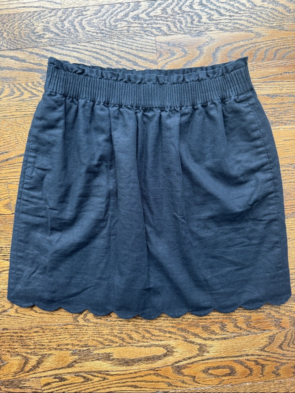 J. Crew Linen Cotton Blend Black Scalloped Hem Elastic Waist Midi Skirt Size 6